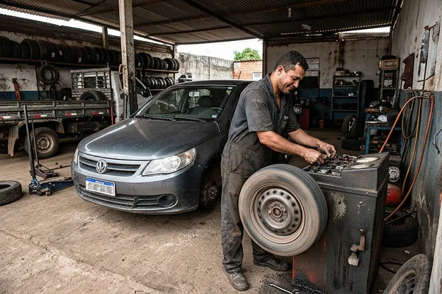 Carro em processo de balanceamento de rodas, com ferramentas ao fundo.