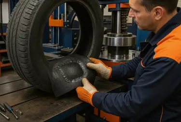 Técnico fazendo vulcanização de pneu em uma borracharia.