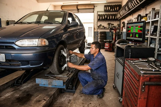 Técnico realizando alinhamento de rodas em uma borracharia.