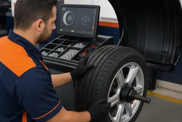 Técnico realizando balanceamento de rodas em uma borracharia.