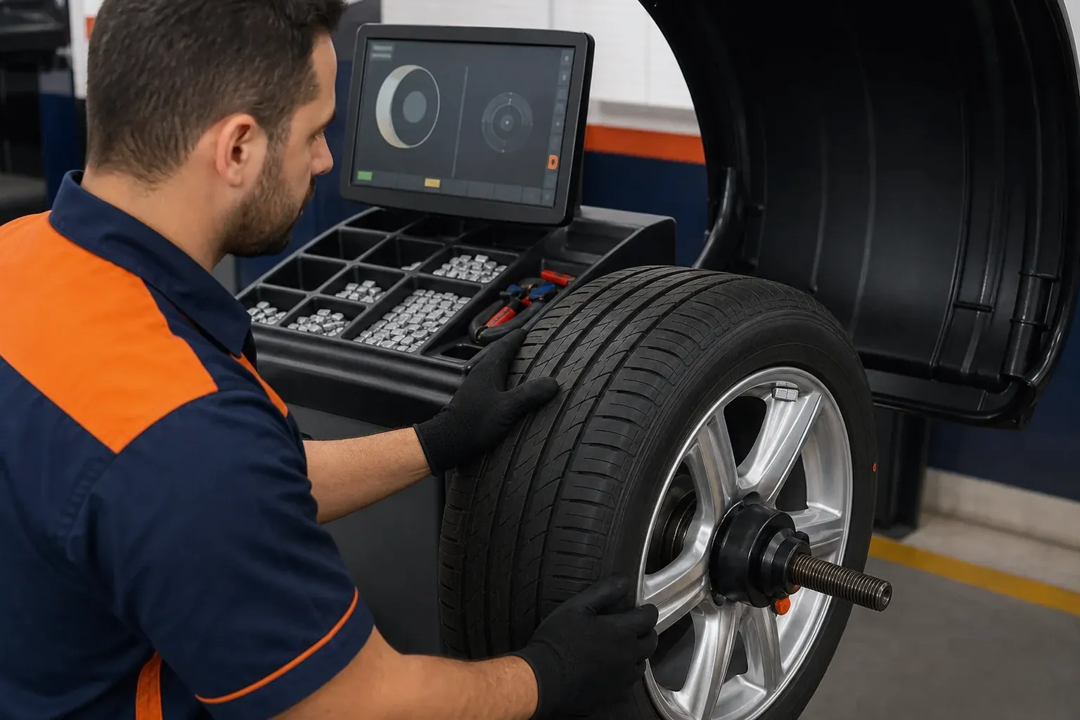 Técnico realizando balanceamento de rodas em uma borracharia.