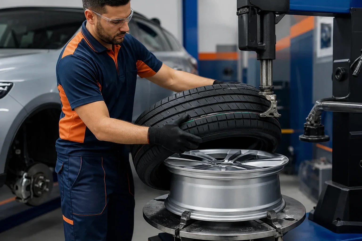 Técnico trocando pneus de carro em uma borracharia.
